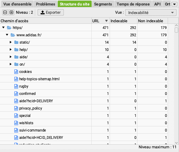 screaming frog - maillage interne seo menu profondeur