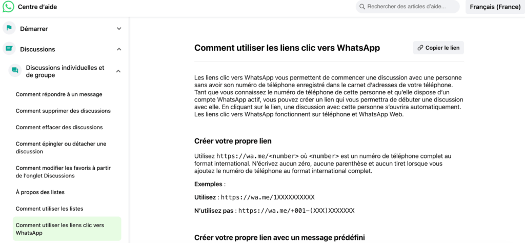 Aide WhatsApp pour créer son lien 